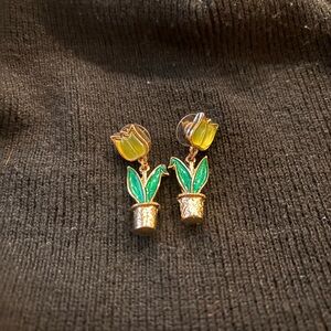 Betsey Johnson gold tone Yellow Resin Tulip in a Planter Earrings